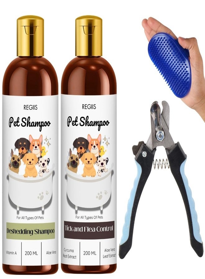 REGIIS Pet Grooming Set with Deshedding Shampoo, Tick and Flea Control Shampoo, 200ml Each, Professional Nail Clipper and Massage Brush for Dogs and Cats(Pack of 4) - Image 1